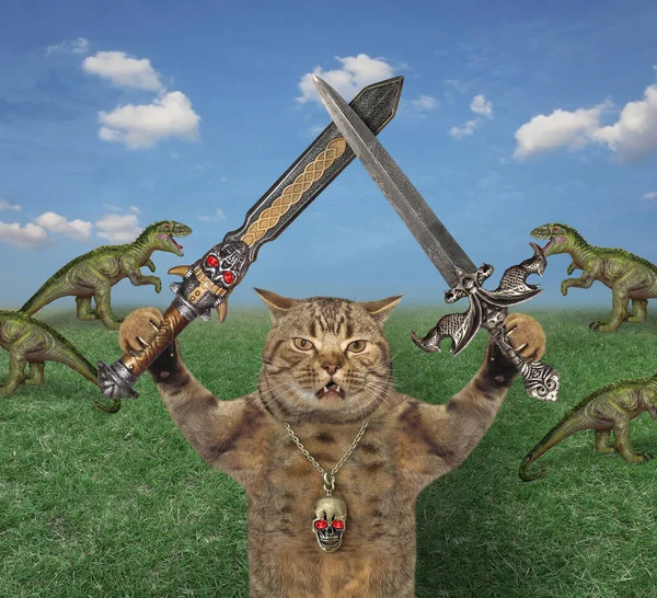A beige cat warrior with two crossed swords stands near a herd of rexes in the meadow.