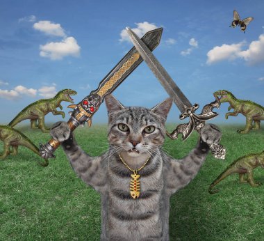 İki kılıçlı gri bir kedi savaşçı çayırda bir karga sürüsünün yanında duruyor..