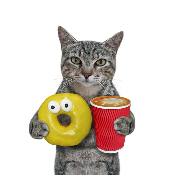 Szary Kot Trzyma Żółty Pączek Filiżankę Kawy Białe Tło Izolacja — Zdjęcie stockowe