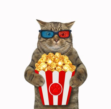 3D gözlüklü bej bir kedi patlamış mısır yiyor ve film izliyor. Beyaz arka plan. İzole edilmiş.