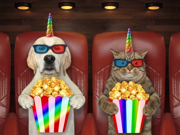 Hewan Peliharaan Unicorn Berkacamata Sedang Makan Popcorn Dan Menonton Film — Stok Foto