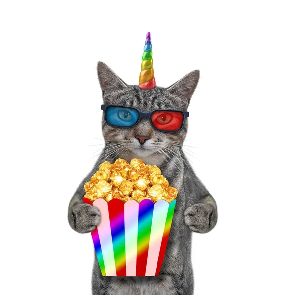 Gatto Unicorno Grigio Occhiali Sta Mangiando Popcorn Guardando Film Sfondo — Foto Stock