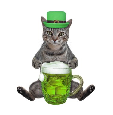 Şapkalı gri bir kedi oturur ve yeşil bira içer. Aziz Patrick Günü. Beyaz arka plan. İzole edilmiş.