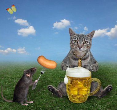 Gri bir kedi çayırda oturur ve hafif bira içer. Bir fare ona sosis verir..