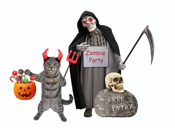 A gray cat in horns is holding a devil trident and a pumpkin pail at a grim reaper for Halloween. White background. Isolated.
