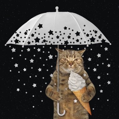 Bej renkli bir kedi kayan yıldızlı beyaz bir şemsiyenin altında dondurma külahı yiyor. Siyah arkaplan.