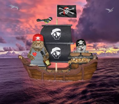 Altın sandıklı iki kedi açık denizde bir korsan yelkenli gemisindeler..