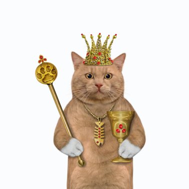 Altın tacın içindeki kırmızımsı bir kedi bir asa ve bir kadeh tutuyor. Beyaz arka plan. İzole edilmiş.