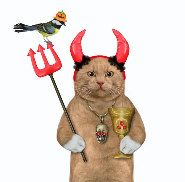 Червоний Кіт Червоних Рогах Тримає Тризуб Диявола Золоту Чашку Хеллоуїна — стокове фото