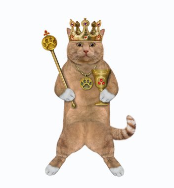 Altın tacın içindeki kırmızımsı bir kedi bir asa ve bir kadeh tutuyor. Beyaz arka plan. İzole edilmiş.