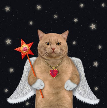 Yakut kalpli kırmızı bir kedi melek Kanatlı kolye gece sihirli bir değnek tutuyor.