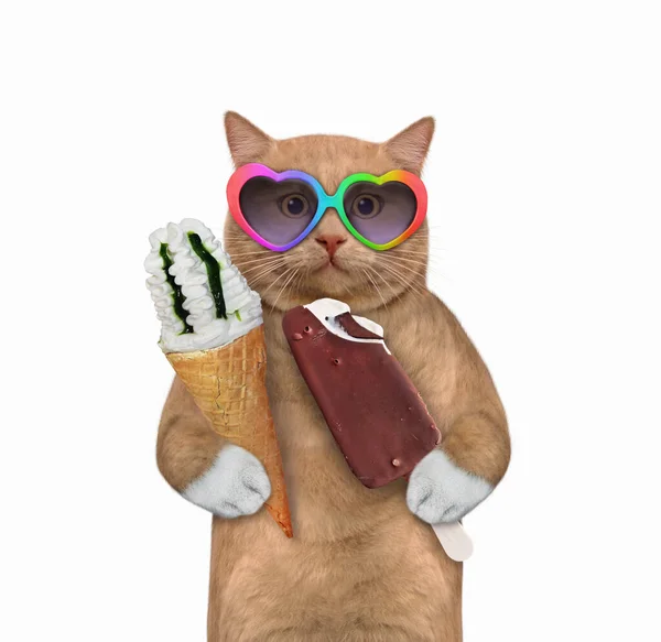 Egy Vörös Macska Szív Alakú Napszemüvegben Két Jégkrémet Tart Fehér — Stock Fotó