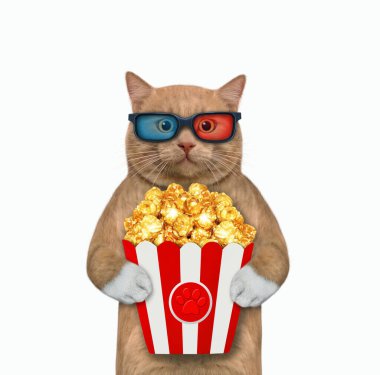 3D gözlüklü kırmızı bir kedi patlamış mısır yiyor ve film izliyor. Beyaz arka plan. İzole edilmiş.