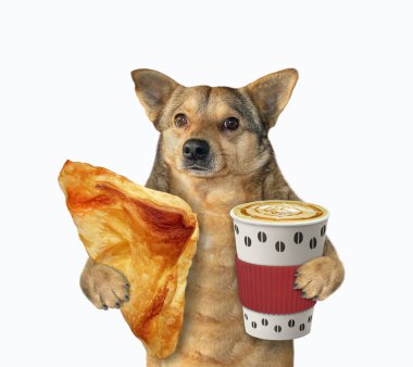 Bej renkli bir köpek bir üçgen puf böreği ve bir fincan kahve tutar. Beyaz arka plan. İzole edilmiş.