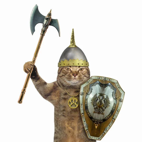 Beige Cat Armed Battle Axe Helmet Shield White Background Isolated — Stock Photo, Image