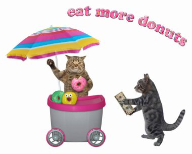 Gri bir kedi gri hareketli bir büfeden çörek alır. Beyaz arka plan. İzole edilmiş.