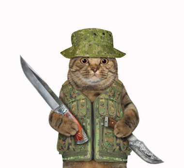 Bir bej kedi avcısı avcı bıçakları tutar. Beyaz arka plan. İzole edilmiş.