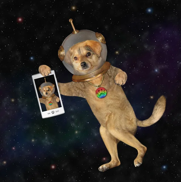 Beige Dog Astronaut Wearing Space Suit Smartphone Outer Space — Stock Photo, Image