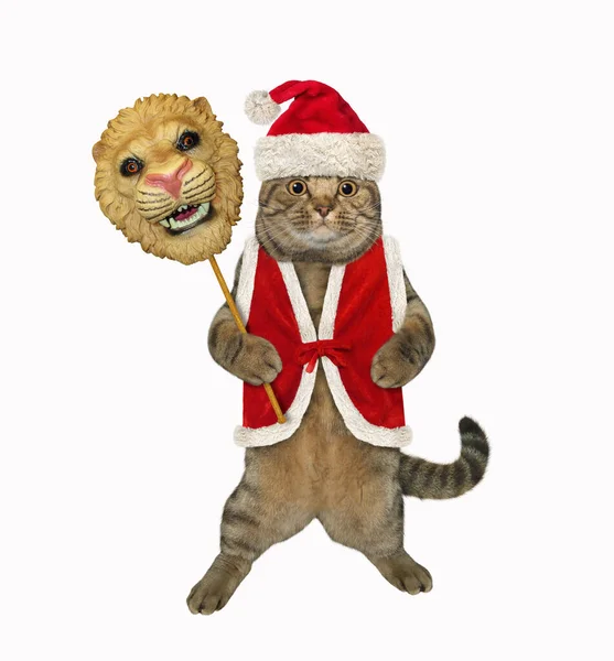 Gato Beige Con Sombrero Santa Claus Sostiene Una Máscara Tigre —  Fotos de Stock