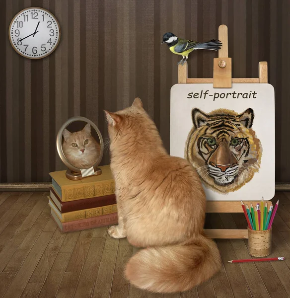Eine Ingwerkatze Blickt Einen Spiegel Der Nähe Ihres Selbstporträts — Stockfoto