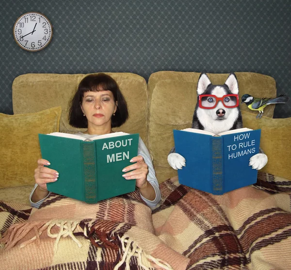 Chytrý Pes Brýlích Svým Pánečkem Spolu Čtou Knihy — Stock fotografie