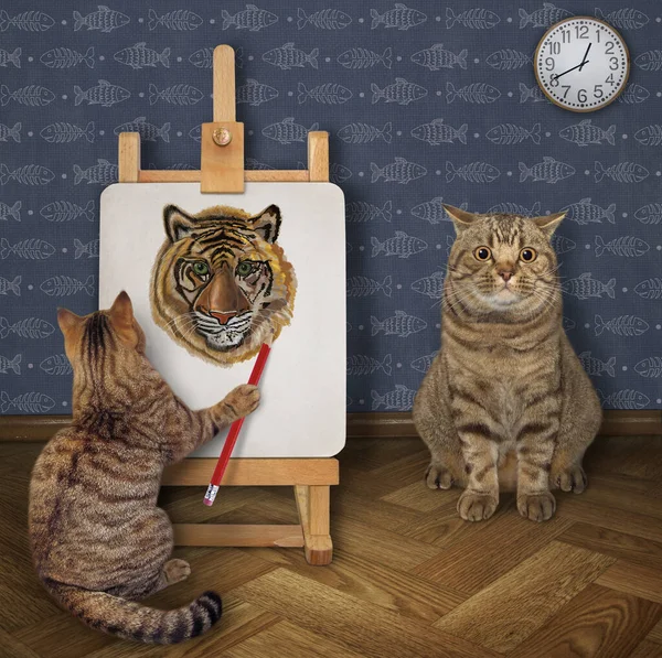 Ein Beiger Katzenkünstler Malt Mit Einem Bleistift Ein Porträt Seines — Stockfoto