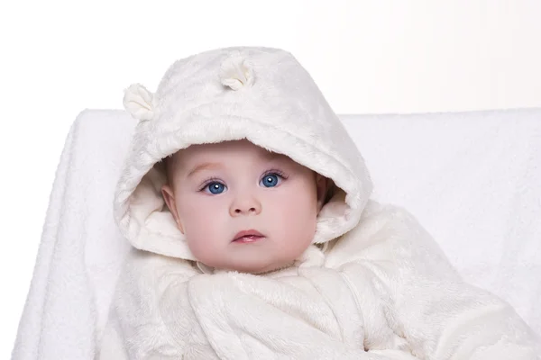 Portrait of a cute baby in white hood bear — Stock Photo, Image