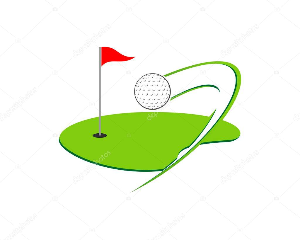 Golf field with flying ball to the hole