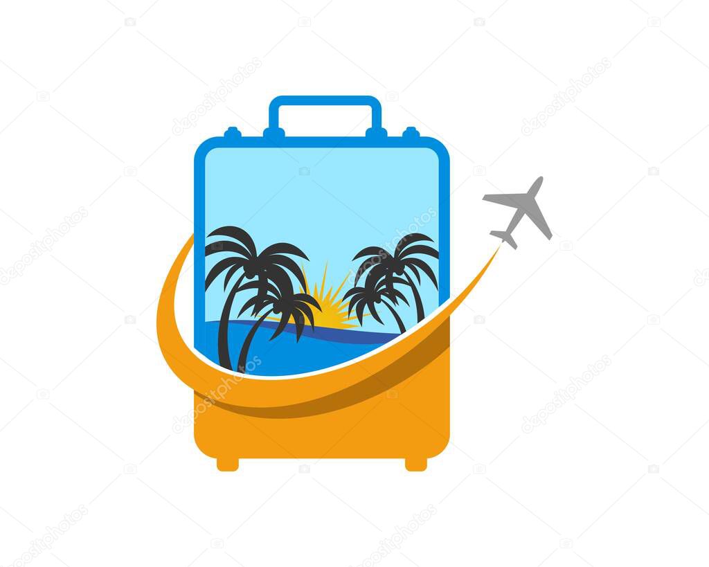 Flying airplane and beautiful beach in the travel bag