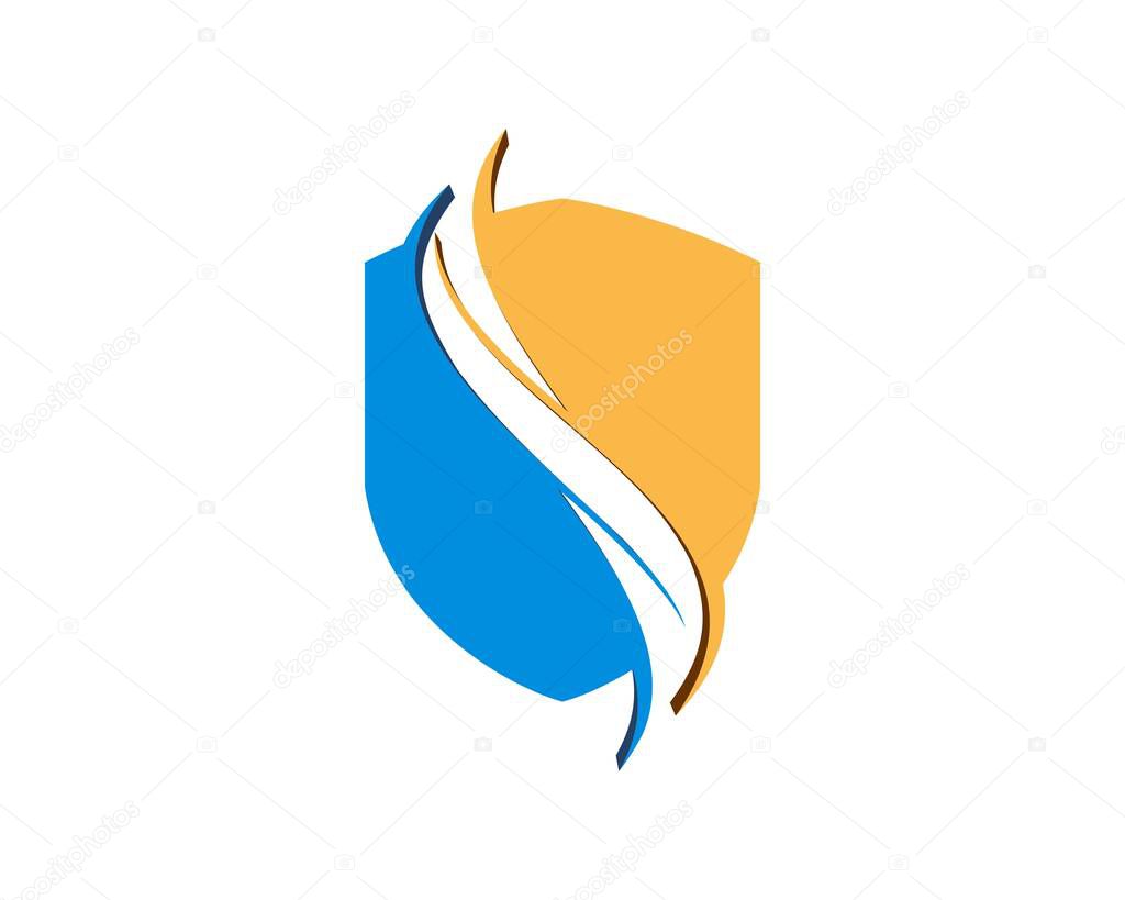 Blue and yellow shield with abstract swoosh