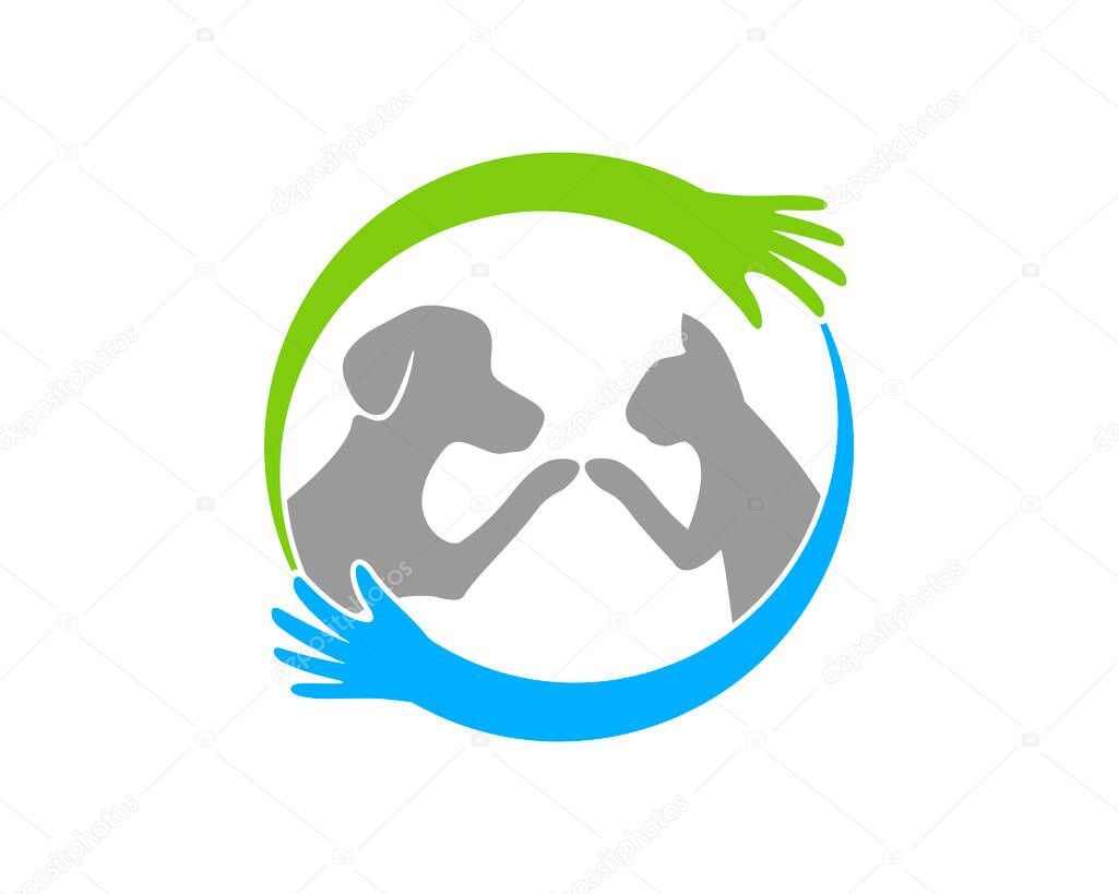 Circular hand with dog and cat inside