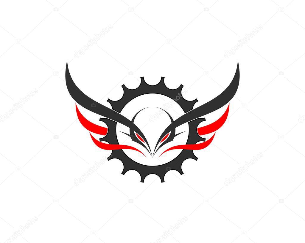 Grey and red bicycle gear with abstract eagle wings