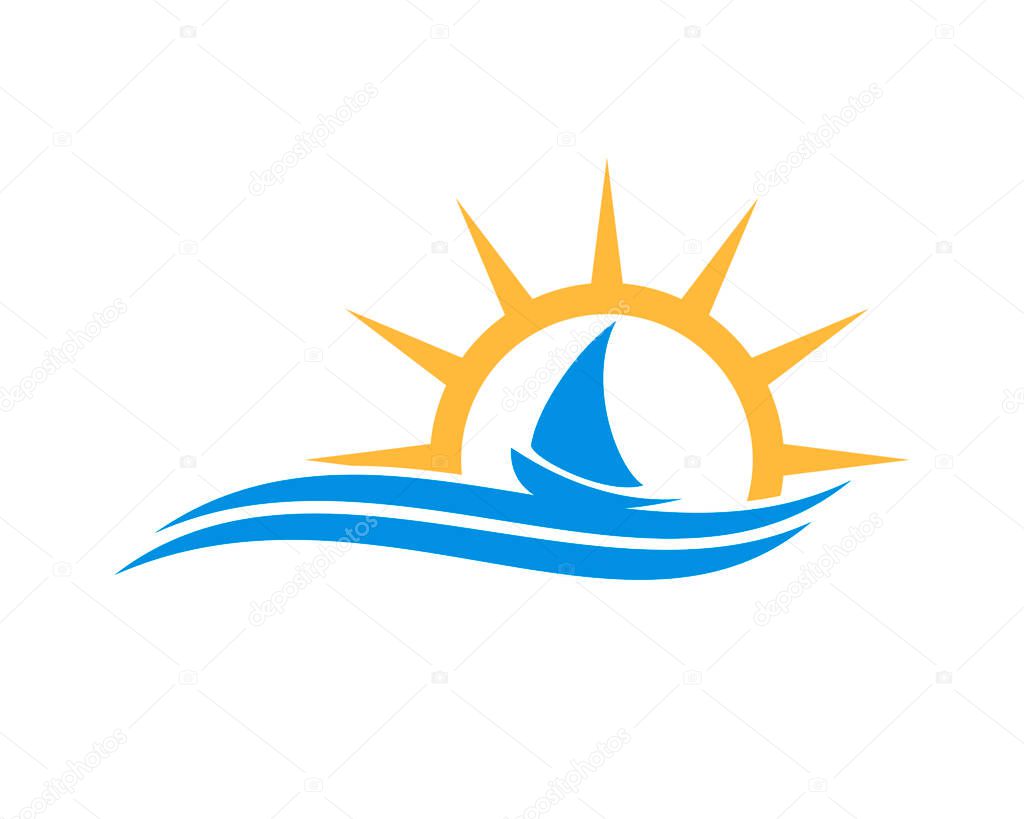 Simple wave and ship with shinning sun