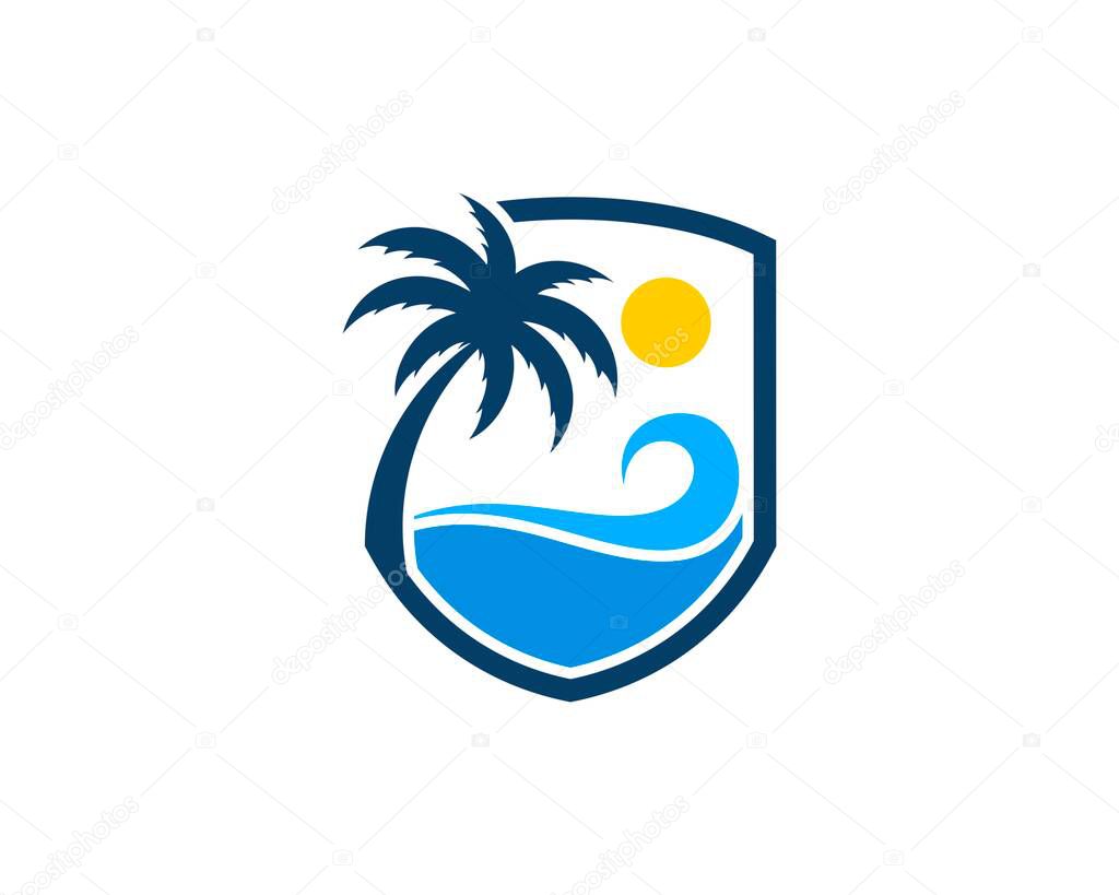 Shield with palm tree and beautiful wave in beach
