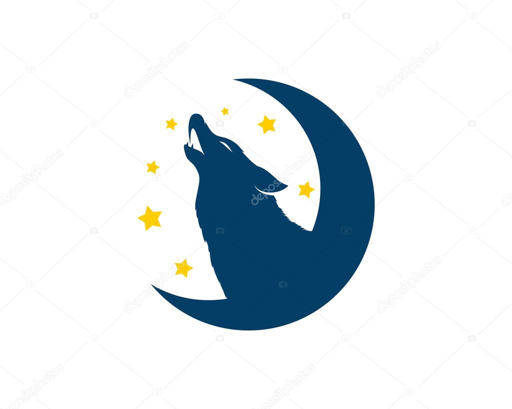 Half moon with howling wolf and star