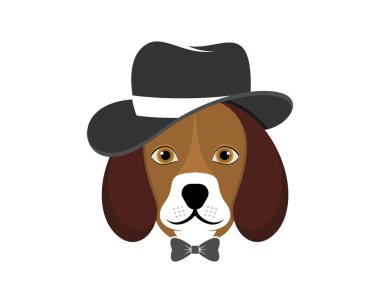 Siyah şapkalı ve kelebek kravatlı köpek kafası.