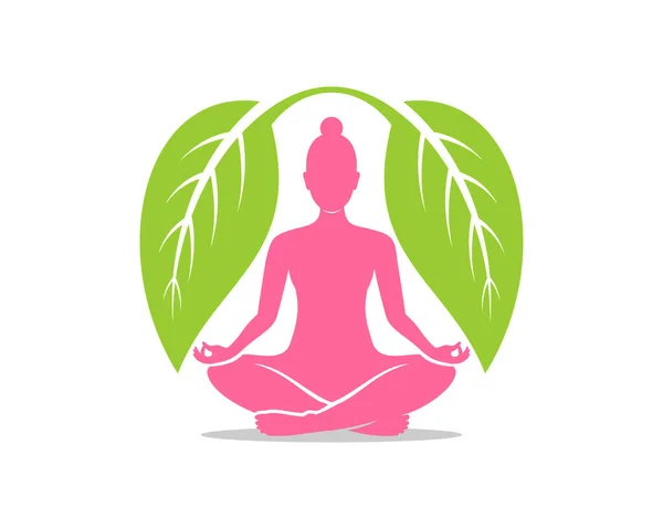 Woman Meditation Green Leaf Protection — Stock Vector