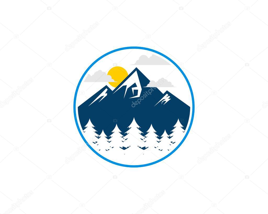 Circle shape with mountain and pine tree