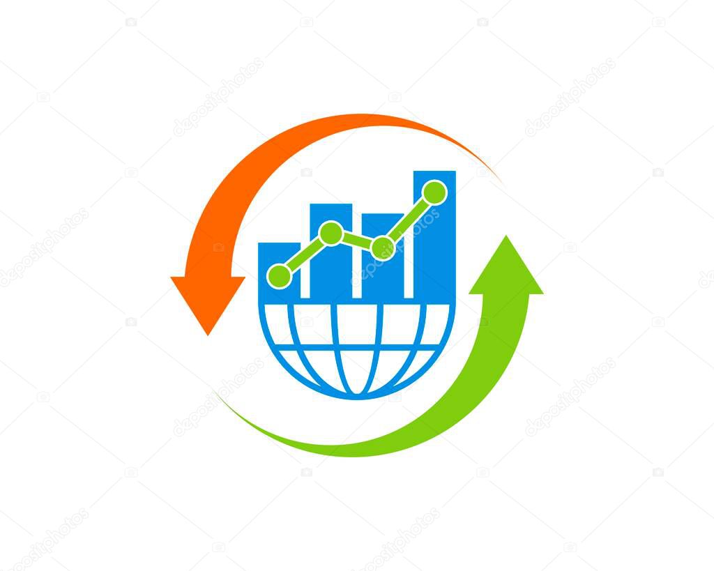 Upside down arrow with abstract globe and financial char bar