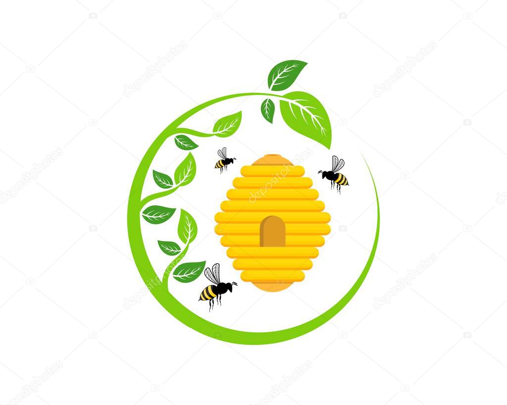 Circular nature leaf with flying bee and hive