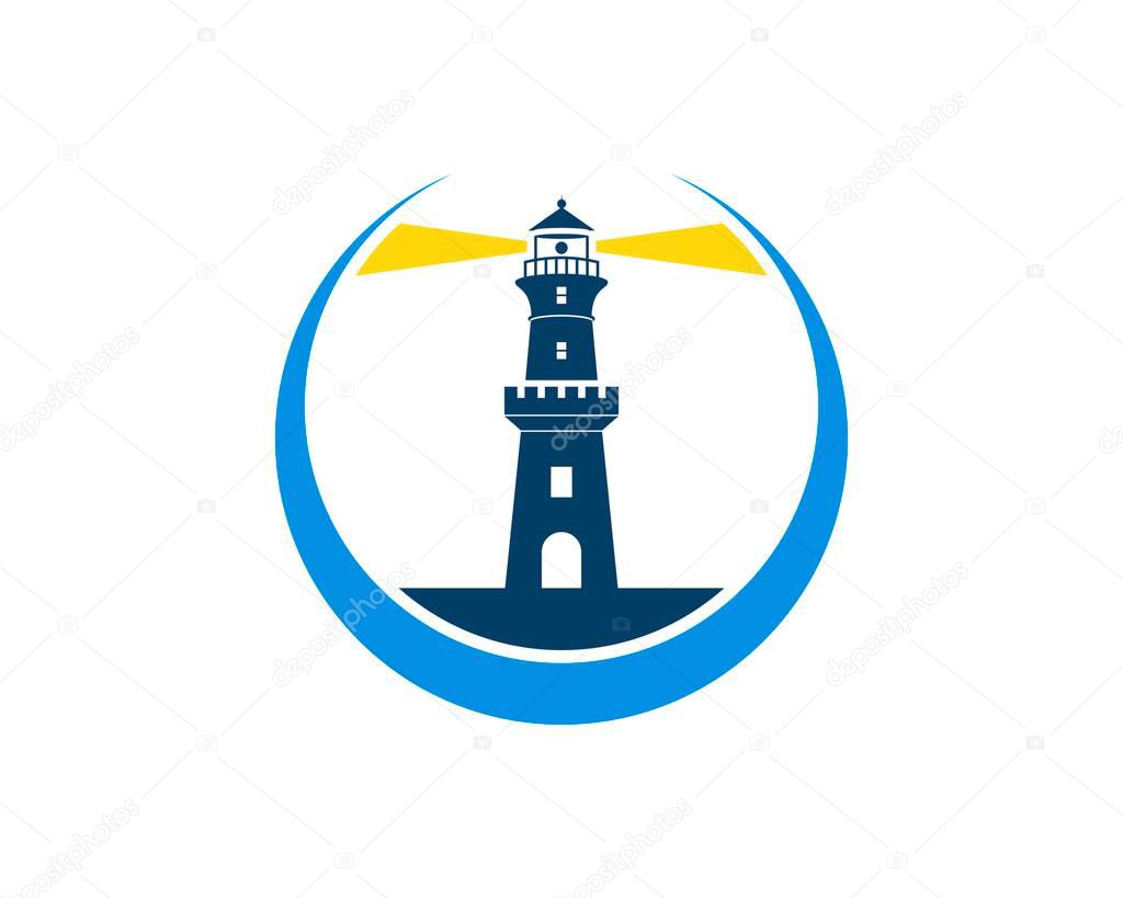 Circle swoosh with lighthouse fortress inside