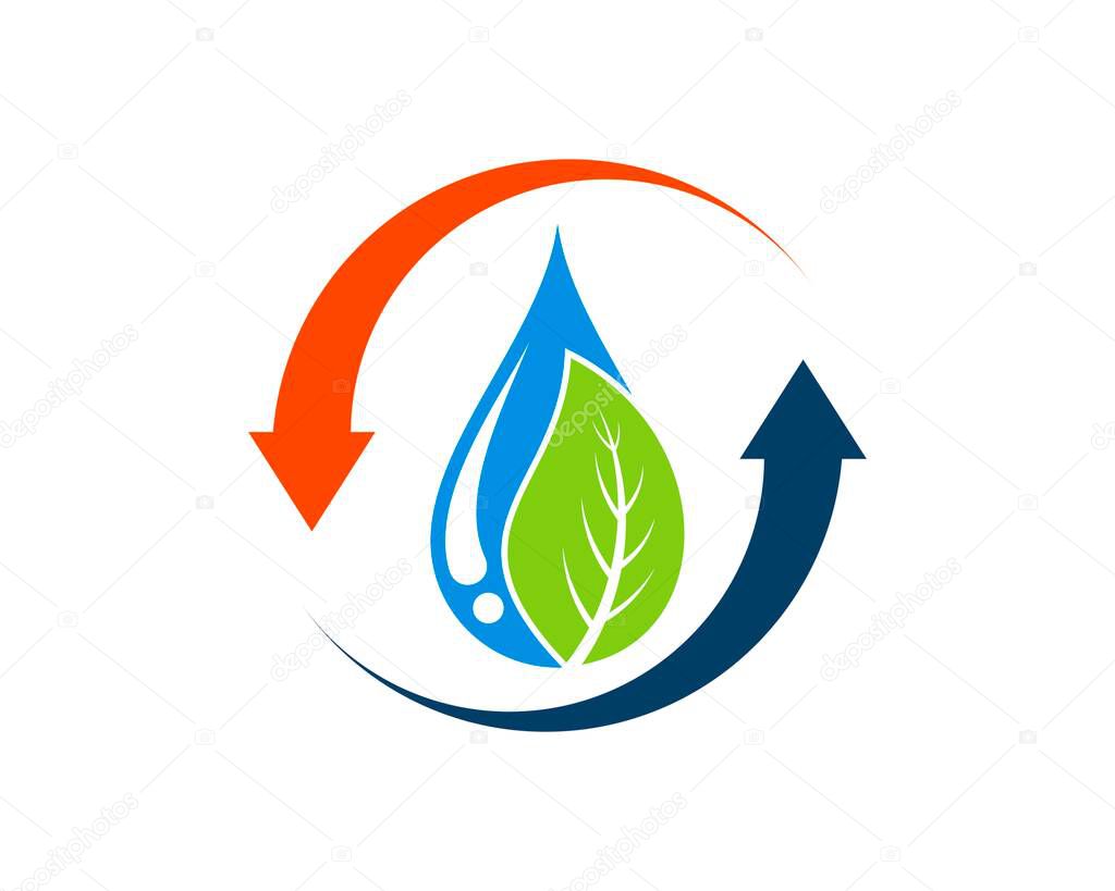 Upside down arrow with water drop and leaf