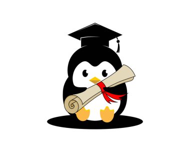 Mezuniyet parşömenini şapkalı sevimli penguen tutuyor.