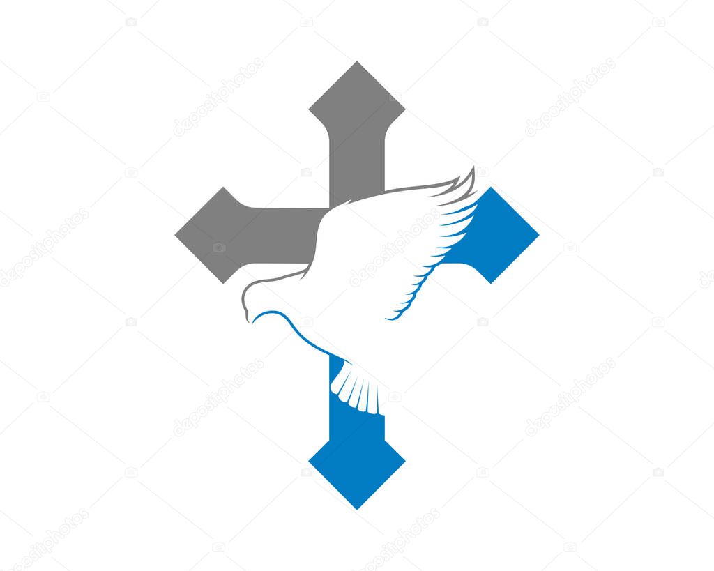 Flying bird silhouette in the christian cross