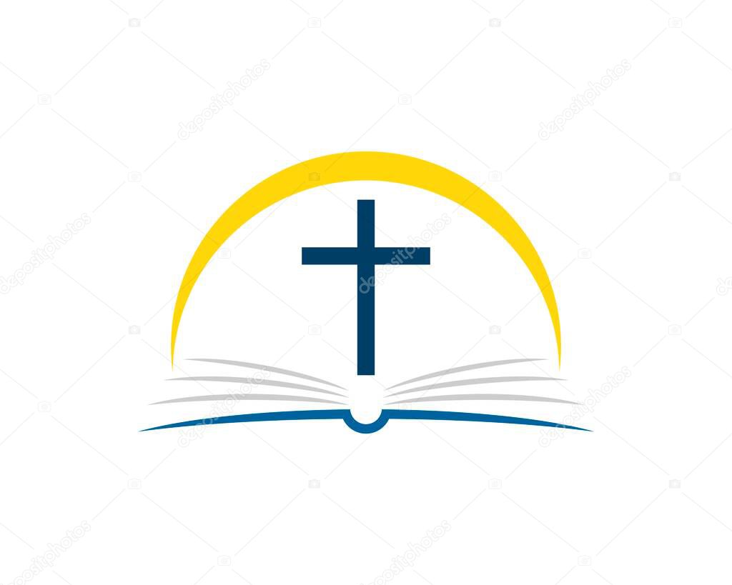 Abstract book with religion cross and yellow swoosh