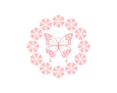 Ortasında uçan kelebek olan dairesel bir çiçek.