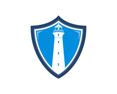 Mavi kalkan logosu içinde deniz feneri silueti