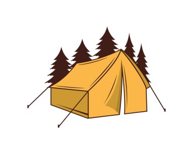 Arkasında orman ağacı olan kamp çadırı.