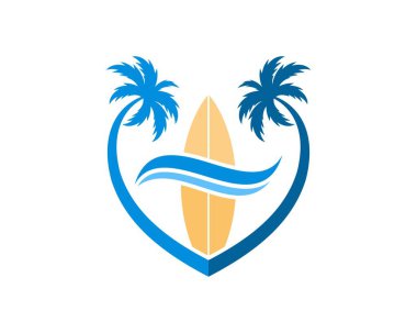 İçinde sörf tahtası ve kumsal dalgası olan bir palmiye ağacı.