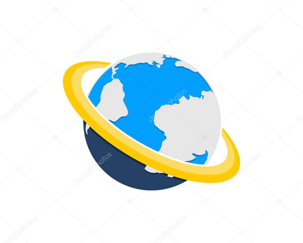 Globe with yellow ring surrounding vector illustration